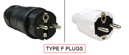 TYPE F Plugs are used in the following Countries:
<br>
Primary Country known for using TYPE F plugs is Austria, Egypt, Finland, Germany, Greece, Hungary, Iceland, Indonesia, Korea, Netherlands, Norway, Portugal, Slovenia, Spain, Sweden, Turkey, Ukraine, Vietnam.

<br>Additional Countries that use TYPE F plugs are 
Albania, Andorra, Angola, Armenia, Azerbaijan, Belarus, Bosnia & Herzegovina, Bulgaria, Cape Verde, Chad, Croatia, Eritrea, Estonia, Georgia, Guinea, Guinea-Bissau, Iran, Jordan, Kazakhstan, Kyrgyzstan, Laos, Latvia, Lithuania, Luxembourg, Macedonia, Mauritania, Moldova, Montenegro, Netherlands Antilles, New Caledonia, Niger, Paraguay, Romania, Russia, San Marino, So Tom & Principe, Serbia, Suriname, Tajikistan, Turkmenistan, Uzbekistan.

<br><font color="yellow">*</font> Additional Type F Electrical Devices:

<br><font color="yellow">*</font> <a href="https://internationalconfig.com/icc6.asp?item=TYPE-F-CONNECTORS" style="text-decoration: none">Type F Connectors</a> 

<br><font color="yellow">*</font> <a href="https://internationalconfig.com/icc6.asp?item=TYPE-F-OUTLETS" style="text-decoration: none">Type F Outlets</a> 

<br><font color="yellow">*</font> <a href="https://internationalconfig.com/icc6.asp?item=TYPE-F-POWER-CORDS" style="text-decoration: none">Type F Power Cords</a> 

<br><font color="yellow">*</font> <a href="https://internationalconfig.com/icc6.asp?item=TYPE-F-POWER-STRIPS" style="text-decoration: none">Type F Power Strips</a>

<br><font color="yellow">*</font> <a href="https://internationalconfig.com/icc6.asp?item=TYPE-F-ADAPTERS" style="text-decoration: none">Type F Adapters</a>

<br><font color="yellow">*</font> <a href="https://internationalconfig.com/worldwide-electrical-devices-selector-and-electrical-configuration-chart.asp" style="text-decoration: none">Worldwide Selector. All Countries by TYPE.</a>

<br>View examples of TYPE F plugs below.
